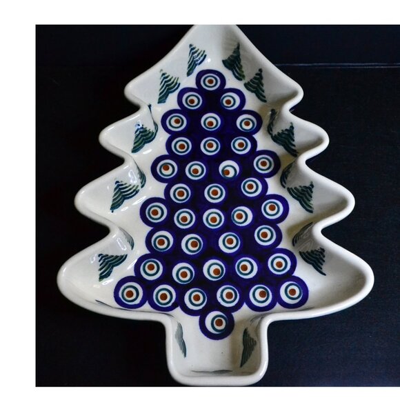 Authentic Boleslawiec Christmas Tree Design Dish Blue Peacock Eye Artisan Named - Picture 5 of 10